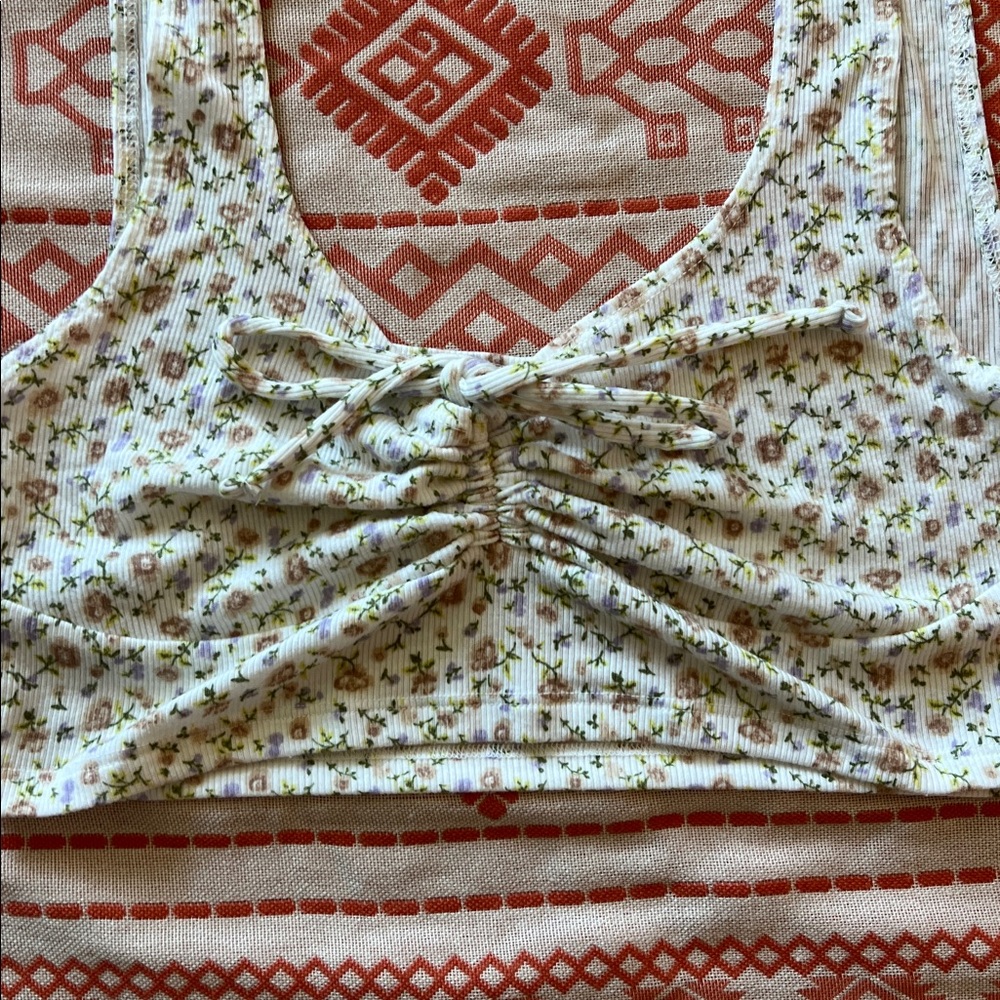 Forever 21 Floral Crop Top - Cream and Green